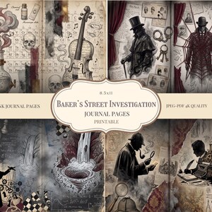 May include: A collage of vintage-style journal pages with a detective theme. The pages feature illustrations of a violin, a smoking pipe, a magnifying glass, and a periodic table. The text "Baker's Street Investigation Journal Pages" is visible.