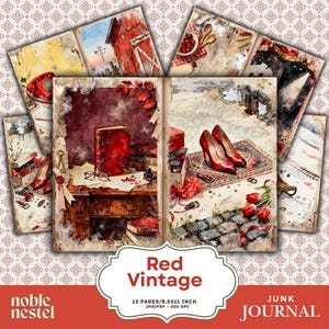 May include: A collection of vintage-style journal pages with a red theme. The pages showcase illustrations of a red barn, high-heeled shoes, books, and other antique items. The text "Red Vintage" is displayed prominently.