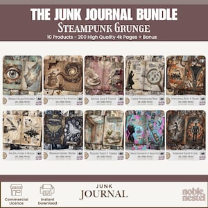 May include: A bundle of junk journal pages with a steampunk grunge theme. The image displays 10 products with 200 high-quality 4K pages. The pages feature various designs, including coffee stains, gears, and gothic moths. The text "THE JUNK JOURNAL BUNDLE" is at the top.