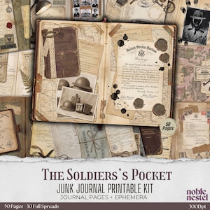 May include: A vintage-themed junk journal printable kit with the title "The Soldier's Pocket." The kit includes journal pages and ephemera, featuring old documents, maps, photos, and stamps. The design has a sepia tone, evoking a sense of history.