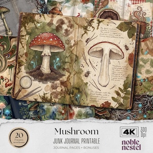 May include: A vintage-style junk journal printable with mushroom illustrations. The open journal displays detailed drawings of mushrooms, insects, and botanical elements. The cover features the text "Mushroom Junk Journal Printable".
