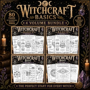 Paquete de Fundamentos de Brujería, Libro de las Sombras Imprimible, Grimorio de Brujería para Principiantes, Diario de Brujería, Descarga Digital de 80 Páginas, 4 Volúmenes