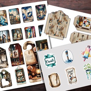 May include: A set of printable digital art journal tags and stickers featuring watercolor illustrations of paintbrushes, paint tubes, palettes, and other art supplies. The tags and stickers are perfect for adding a touch of creativity to your journal, planner, or scrapbook.