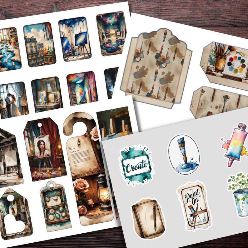May include: A set of printable digital art journal tags and stickers featuring watercolor illustrations of paintbrushes, paint tubes, palettes, and other art supplies. The tags and stickers are perfect for adding a touch of creativity to your journal, planner, or scrapbook.