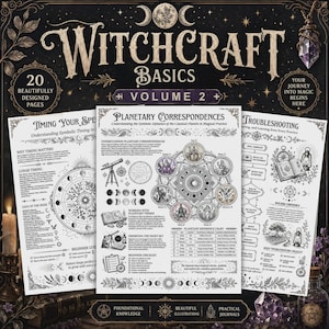 May include: A Witchcraft Basics Volume 2 guide featuring 20 pages of printed content. Three pages are displayed, titled Timing Your Spell, Planetary Correspondences, and Troubleshooting, each filled with detailed diagrams, charts, and illustrations.