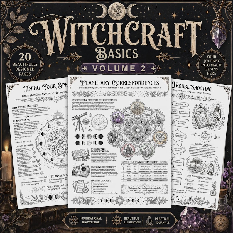 May include: A Witchcraft Basics Volume 2 guide featuring 20 pages of printed content. Three pages are displayed, titled Timing Your Spell, Planetary Correspondences, and Troubleshooting, each filled with detailed diagrams, charts, and illustrations.