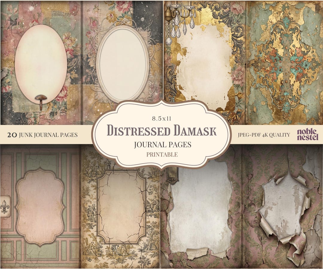 Distressed Damask Junk Journal Pages | Faded Wallpaper Digital Paper ...