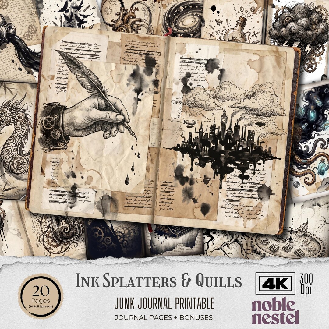 Inky Splatters & Quills Digital Paper Pack | Junk Journal Pages ...
