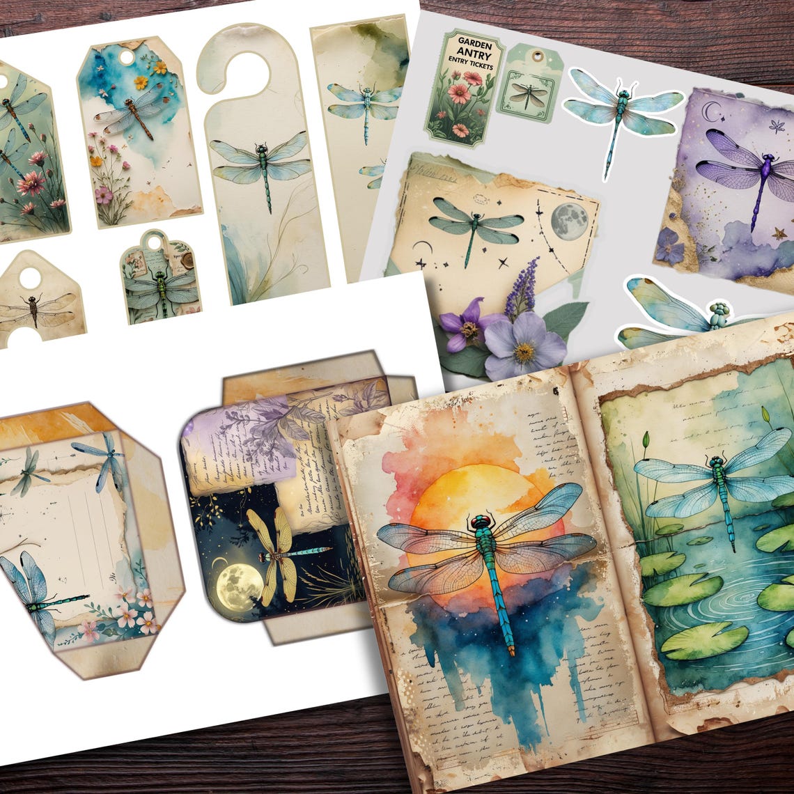 Dragonfly Junk Journal Kit: Vintage Watercolor Ephemera (digital ...