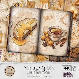 Sidor med skräpjournal från vintagebiet | Digitalt papperspaket med 4K-bakgrunder | Scrapbook-papper med bigårdshonungskaka