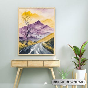 Sunrise Mountain Art, Nature Mountain Road Decor , Modern Mountain Wall Art, Rising Sun relaxing wall art, Digital Nature Art Download