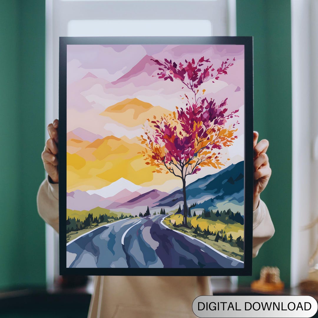 Watercolor Mountain Sunrise Print – Enchanted Landscape Art (digital ...