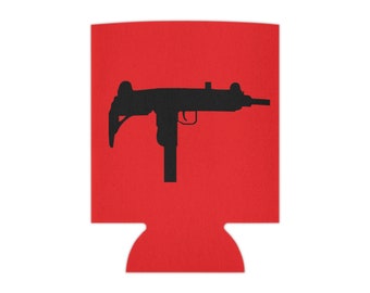 May include: Red can cooler with a black silhouette of a submachine gun.