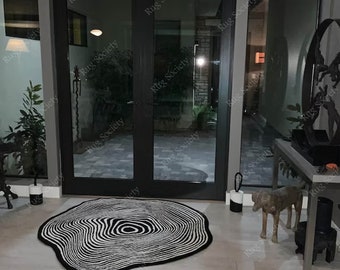 optical illusion black & White Irregular Shape Unshape Hand-Tufted 100% Wool Handmade Area Rug Carpet for Home, Bedroom, Living Room.