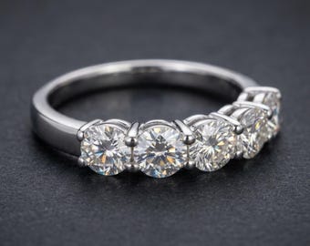 Anillo de boda de media eternidad de cinco piedras con moissanita de talla redonda en plata de ley 925, anillo apilable de 5 piedras para mujer, anillo de aniversario nupcial.