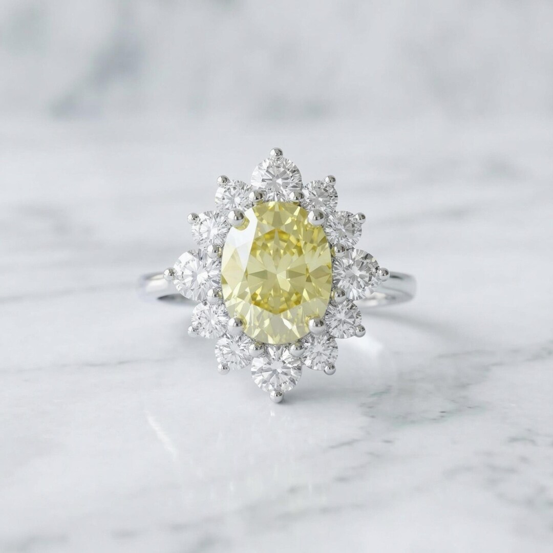 2 CT Yellow Oval Cut Moissanite Halo Engagement Ring for Women, 925 ...