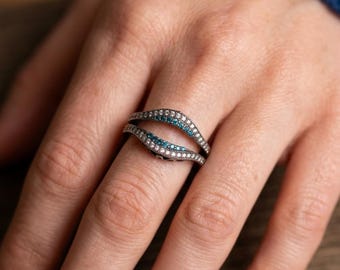 Fede nuziale curva con diamante simulato taglio rotondo, anello sagomato in argento sterling 925, anello a forcella impilabile per la sposa, regalo di anniversario per lei