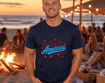 1776 America tee | Retro patriotic stars and script, Fourth of July shirt