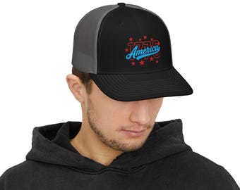 America 1776 Trucker Hat, Patriotic Mesh Back Cap, USA 250th Anniversary Hat, 4th of July Hat, Vintage Americana Snapback