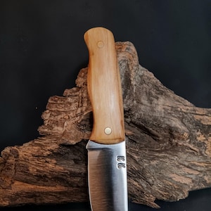 Può includere: Un piccolo coltello in acciaio inossidabile con manico in legno. Il manico è di colore marrone chiaro e ha un perno in ottone nella parte superiore. La lama è lunga circa 10 cm e ha una leggera curvatura. Il coltello è appoggiato su un pezzo di legno galleggiante.