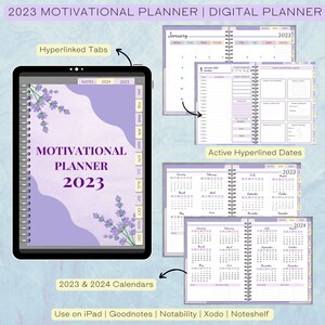 Könnte beinhalten: Ein digitaler Planer für 2023 mit Lavendel-Blumendesigns. Der Planer enthält Monatskalender, Tagesseiten und Notizbereiche. Der Planer ist kompatibel mit iPad und Notiz-Apps wie Goodnotes, Notability, Xodo und Noteshelf.