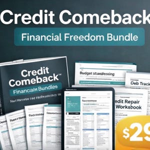 May include: A collection of financial planning materials, including a book titled "Credit Comeback" and various worksheets. The bundle is labeled "Financial Freedom Bundle" and includes a tablet displaying financial data. The price is $29.