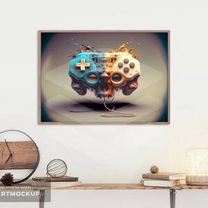 May include: A framed print of a colorful abstract skull made of a video game controller. The skull is blue, orange, and yellow with a gold button. The background is a light brown with a white and purple gradient.