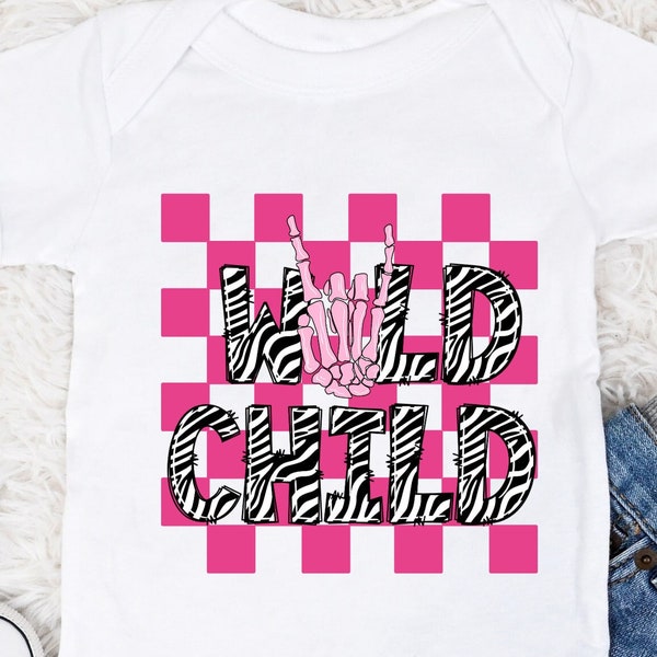 Wild Child Checkered Sublimation File, Toddler Girl Shirt Desgin, Retro Rock and Roll Shirt for Kids, Girl Sublimation PNG, Skater Girl png