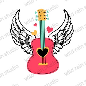 Music City PNG, conception de sublimation d'ailes d'ange de guitare, clipart de guitare mignon, image de mélomane, guitare de musique country, guitare d'ailes d'ange