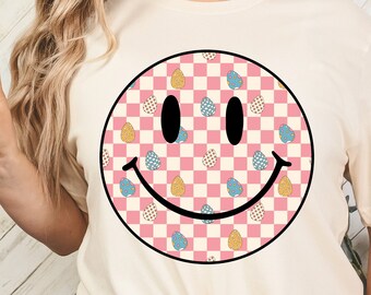 Easter Vibes Retro PNG, Vintage Sublimation Shirt Design, Smile Checkered Boho Groovy Easter, DTF Transfer, Happy Checker Smile, Easter