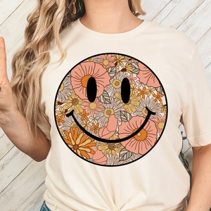 Retro Happy Flowers, Vintage Sublimation Shirt Design, Smile Boho Flowers, Groovy Smile, Floral Happy Face