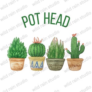 May include: Watercolor illustration of four potted succulents and cacti. The text "POT HEAD" is above the plants in green. The plants are in brown and yellow pots with various designs. The plants are green with pink accents.