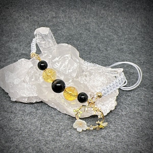 Bumble Bee theme adjustable braided bracelet with Citrine and Obsidian