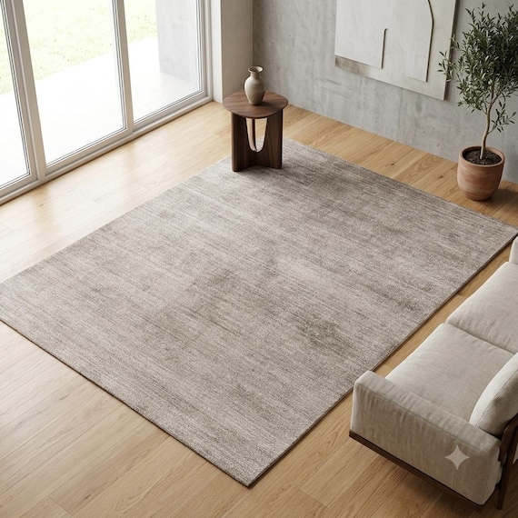 Solid Taupe Grey Silk Area Rug | Hand Knotted Heathered Plain Rug | Minimalist Neutral Accent Rug for Living Room & Bedroom