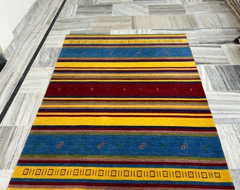 Handmade Wool Gabbeh Rug: Vintage Lori Stripe Tribal Area Rug