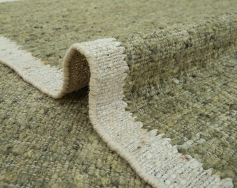 Handwoven Olive Green Wool Dhurrie Rug: 10x10 Flatweave Carpet