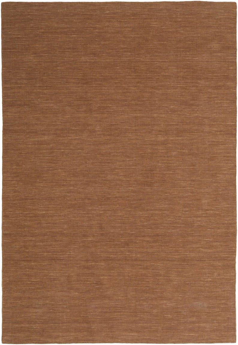 May include: A rectangular, brown rug with a textured surface. The rug has a woven appearance with horizontal lines, creating a subtle pattern. The color is a warm, earthy tone, suitable for home decor.