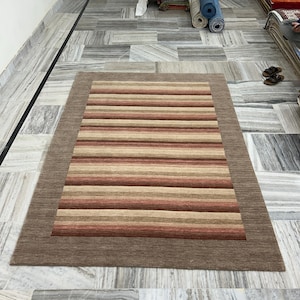 Lining Stripe Vintage Handmade Wool Rug for Modern Living Room Multicolor 8x10 9x12 Area Rug for Bedroom Loom Knotted Tribal Gabbeh Rug