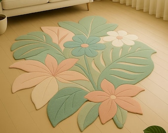 Hand Tufted Wool Area Rug: Peach Floral Leaf Design, Retro Style