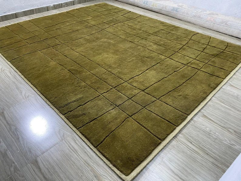 Rectangular Area Grid Moss Olive Green Wool Rug, Minimalist Modern Grid Area Rug, Japandi ...