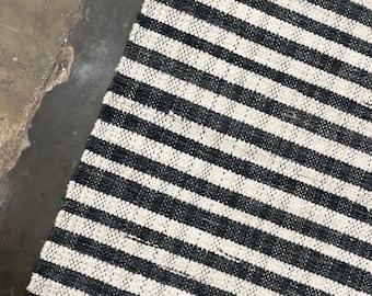 Handwoven Wool Striped Rug, Black and Ivory Flatweave Area Carpet, Modern Neutral Boho Kilim