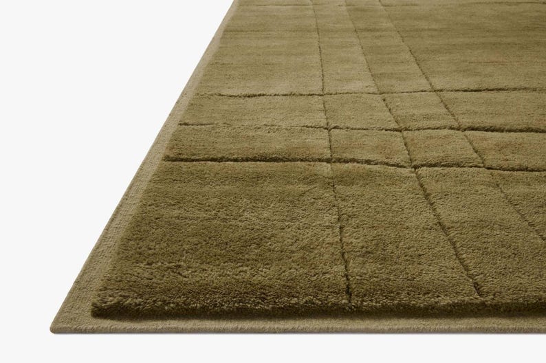 Rectangular Area Grid Moss Olive Green Wool Rug, Minimalist Modern Grid Area Rug, Japandi ...
