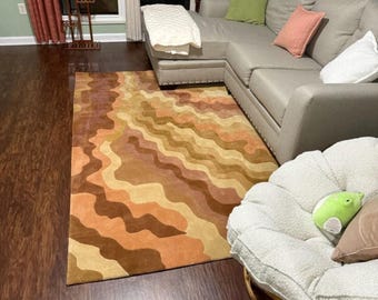 Hand-Tufted Retro Wave Area Rug: Mid-Century Modern Burnt Orange Carpet