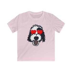 Sheepadoodle Sunglasses T-Shirt: Sheepadoodle Wearing Heart Sunglasses (Kids)