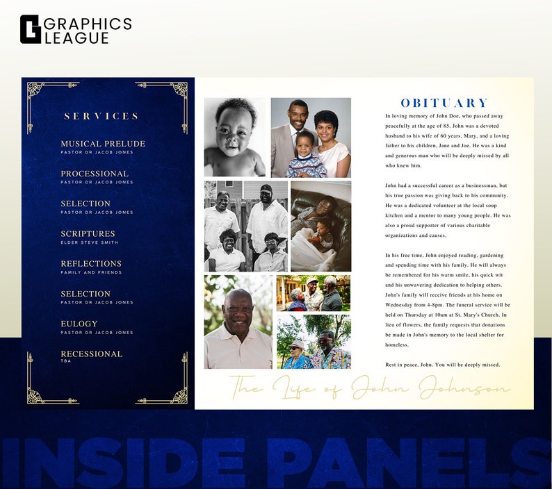 11X17 Funeral Program Template, Obituary, Obituary Printing, Blue and