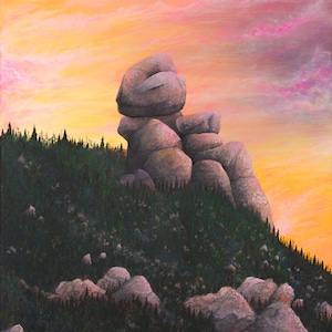 May include: A painting of a rocky mountain landscape with a large rock formation in the foreground. The sky is a vibrant orange and pink, with clouds. The mountain is covered in dark green trees.