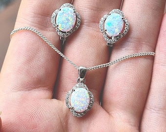 925 set earring + necklace sterling silver white opal shiny classy special sets matching wedding bridesmaids day mother gift daughter