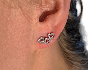 Solid 925 sterling triple heart ear climber crawling crawler sparkly earrings shiny classy wedding birthday engagement cubic zirconia