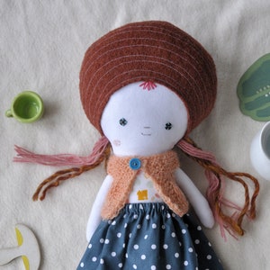 Dressed cloth rag doll of original design, with sweater, skirt and knitted headband image 7