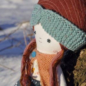 Dressed cloth rag doll of original design, with sweater, skirt and knitted headband image 6